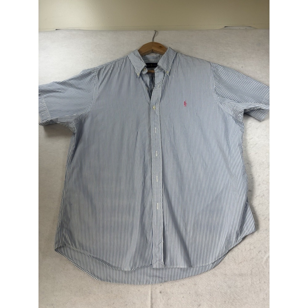 Ralph Lauren Mens L Short Sleeve Button Down Blue White Stripe Shirt Pony Logo